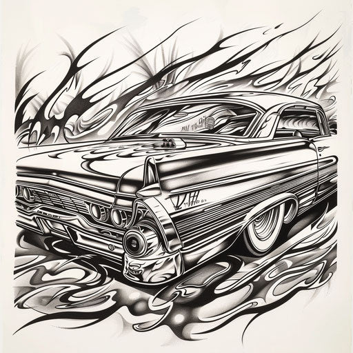 Tattoo sketch of a Chicano art lowrider car, chrome details and bold outlines