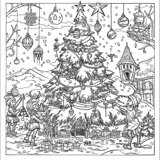 Elves decorating a massive Christmas tree