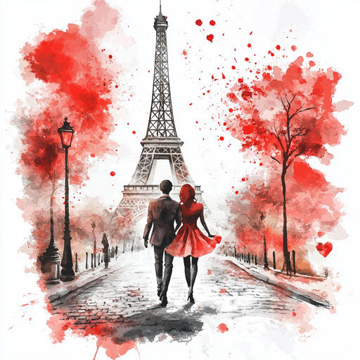 Elegant couple under the Eiffel Tower with red splashes - Valentine's Day theme