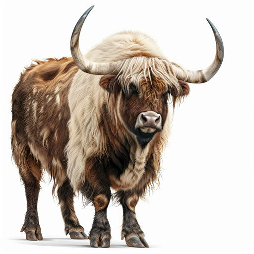 Realistic yak clipart on flat white background, high detail, vibrant colors