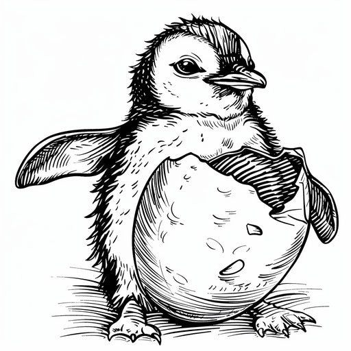 A cute baby penguin hatching from an egg. Coloring book page