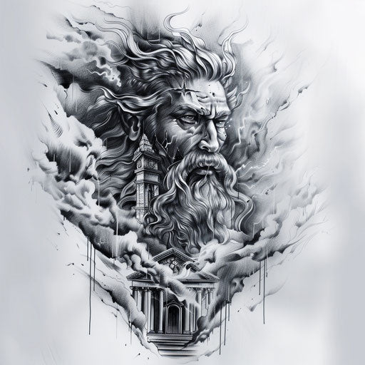 Gothic style tattoo of Zeus with dark architecture