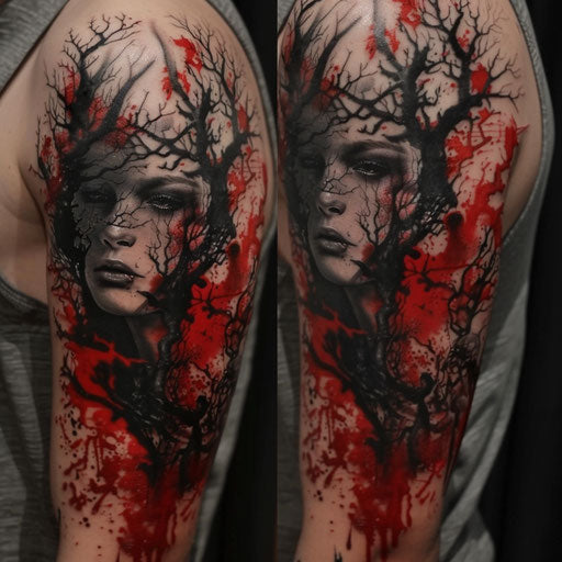 Red tattoos with dark fantasy style