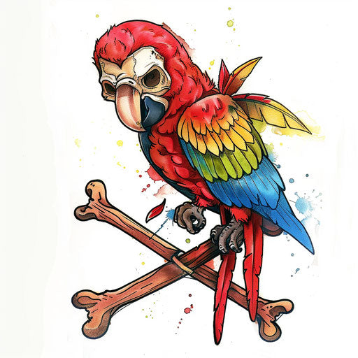 Vibrant traditional pirate skull and parrot tattoo