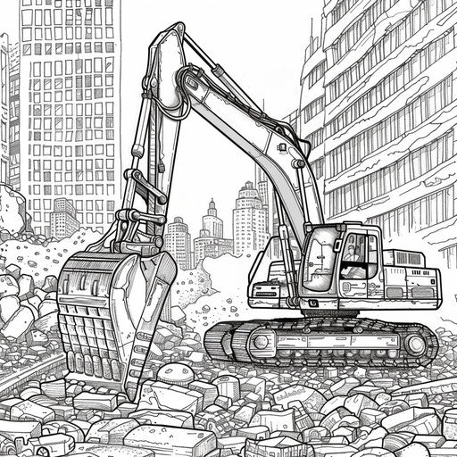A detailed excavator in a cityscape, Stephen Wiltshire style, coloring book page