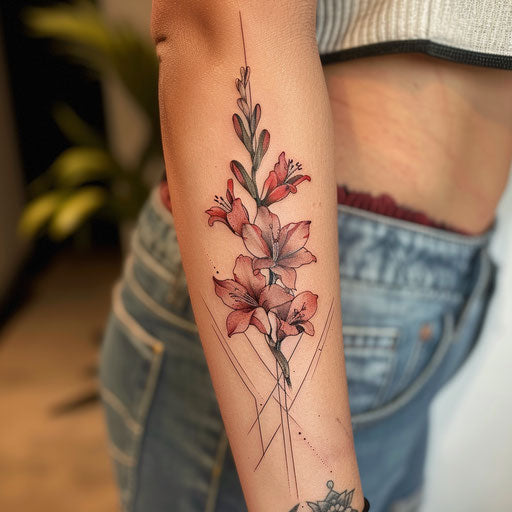 Geometric gladiolus tattoo on white canvas