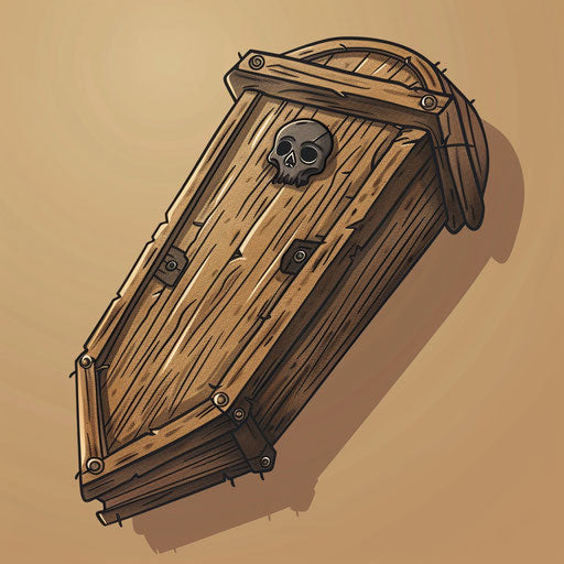 Flat tattoo sketch of a rustic coffin with wood texture