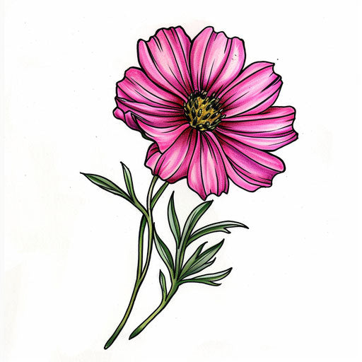 Artistic sketch of a cosmos flower with bright pink petals