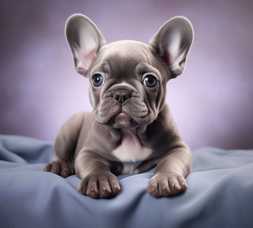 Baby French bulldog with blue eyes in dark silver and light gold style