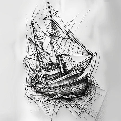 Classic sketch of a fishing boat with detailed net