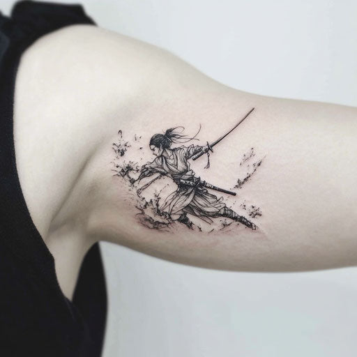 Tricep tattoo of a samurai warrior in battle