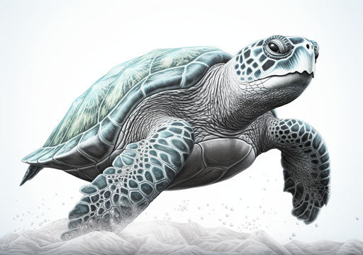 A green sea turtle drawn in pencil, intricate black-white style, realistic, gray cyan