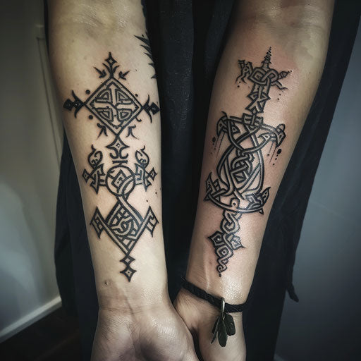 Mother and daughter Viking symbol tattoos, Adrian Smith style, forearm