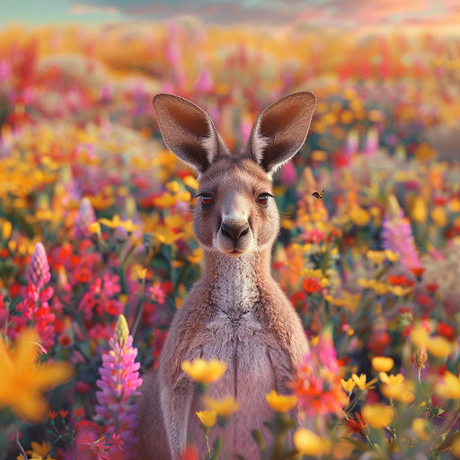Red kangaroo surrounded by colorful desert flowers