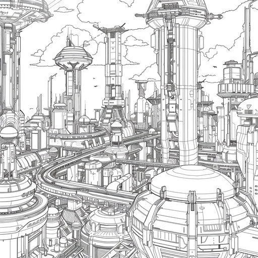 Futuristic city with advanced technology in Hideo Kojima style