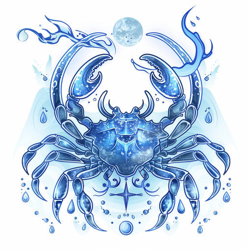 Stylized Cancer symbol with water elements and moon phases