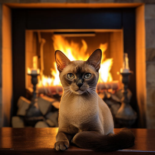 Burmese cat in front of a fire in a fireplace