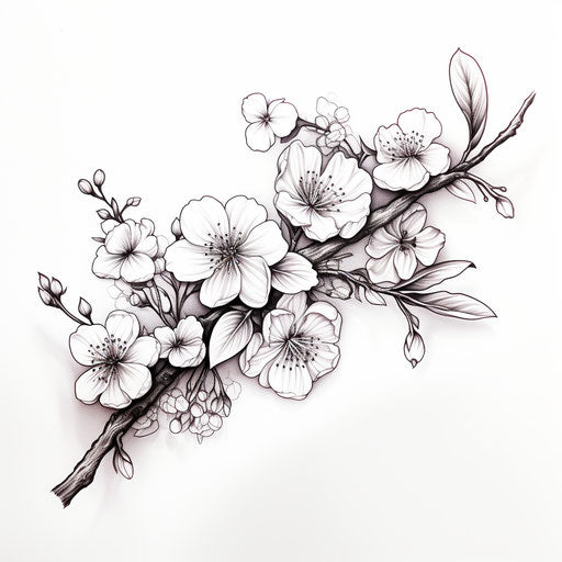 Black and white drawing of flowers on a branch
