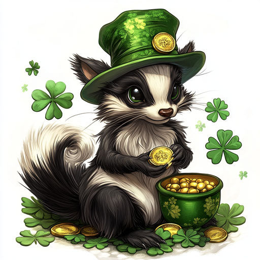 St. Patrick's Day skunk with green hat, gold coin, and pot of gold, clovers on white background