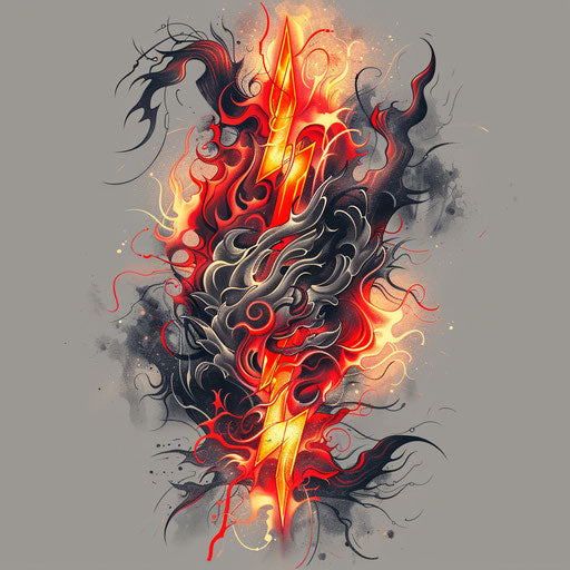 Bold sketch of a lightning bolt surrounded by red and orange flames