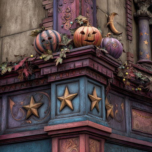 Corner Decoration Featuring Halloween and Theatrical Themes