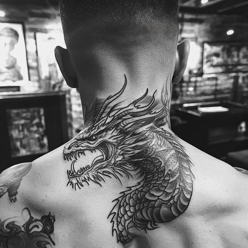 Male neck tattoo with dragon fire-breathing style