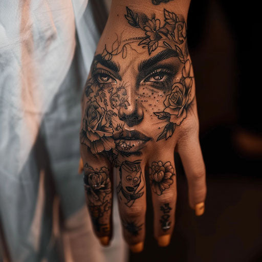 Realistic hand tattoo of loved one's portrait for women