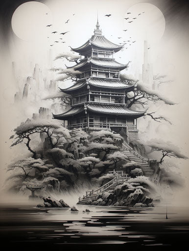 Sketch of a Japanese building on a sand bank