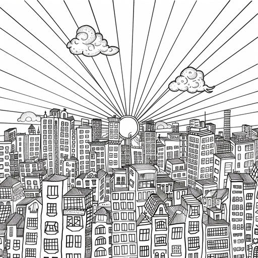 A cheerful sun over a bustling city