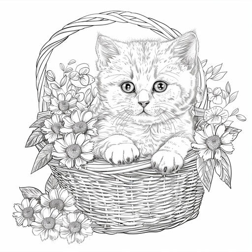 Adorable kitten in a basket with flowers