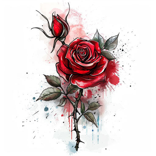 Sketch of beautiful red rose tattoo with watercolor effects