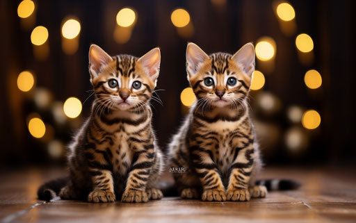 Bengal kittens sitting on a wooden floor