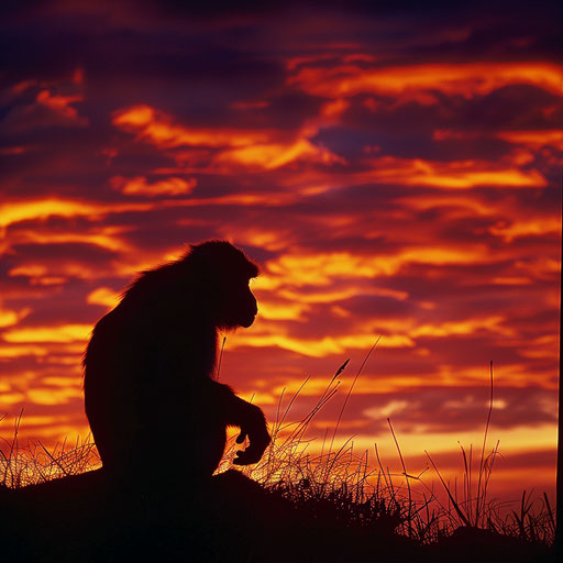 Rhesus monkey silhouette against a dramatic sunset