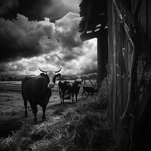 Farm animals in a dramatic monochrome setting