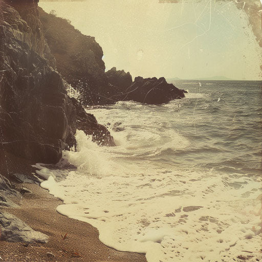 Sandy beach with dramatic waves crashing against rocky shore