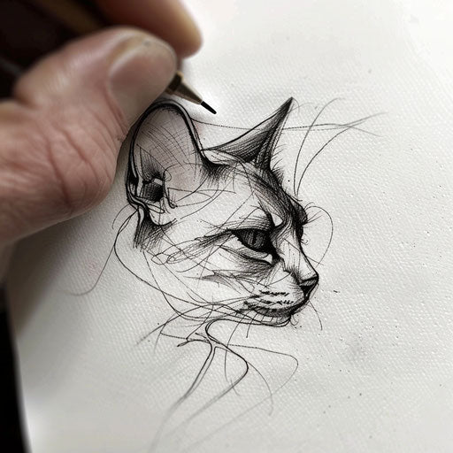 Elegant tattoo sketch of a cat's face, minimalist style