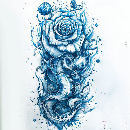 Nautical tattoo sketch of an amber rose with ocean waves and sea creatures in the background, in cool blue tones