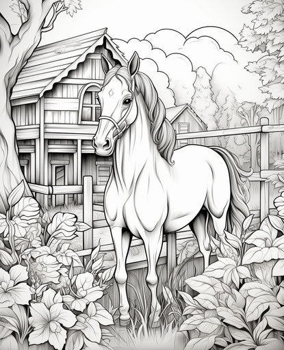 Horse in an outdoor pasture, coloring page for children princess giraffe, in the style of tranquil gardenscapes, narrative paneling, soviet, cabincore.