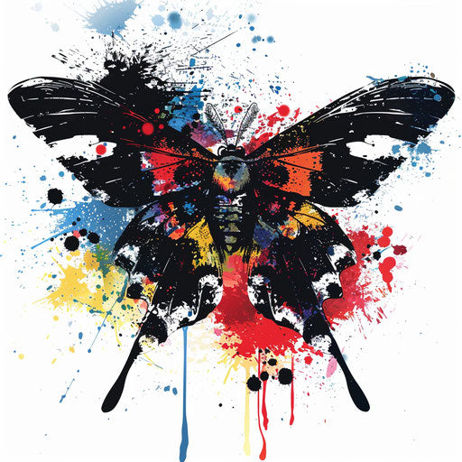 Abstract interpretation of a death moth tattoo with splashes of colors, designed on a white base.