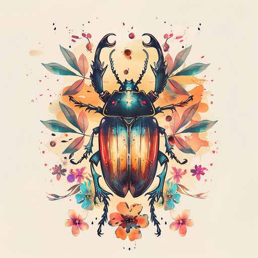 Elegant sketch of a beetle surrounded by floral motifs in a soft watercolor clipart style