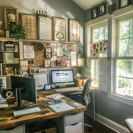 Inspiring home office with quotes wall, vision board, achievements