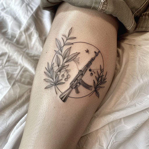 Abstract tattoo design symbolizing peace and war with olive branches and rifles on a white sheet