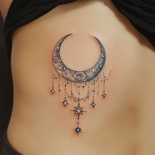 Silver and blue crescent moon with hanging stars