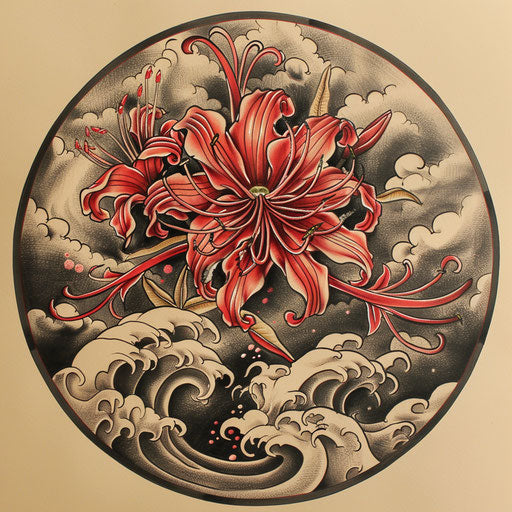 Sketch of traditional Japanese style tattoo of a red spider lily with waves and clouds in the background