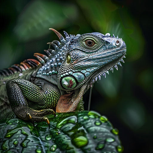 An iguana drinking from a droplet-laden leaf, showing water's importance in its ecosystem