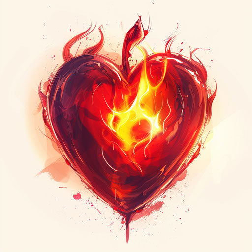 Flaming red heart on white background, vfxfriday style, colorful chiaroscuro