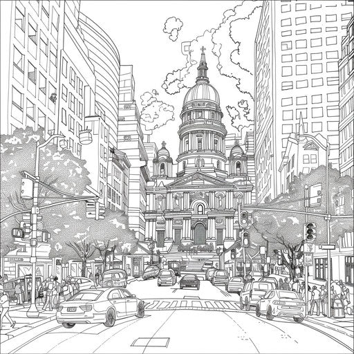 City church with intricate details, Stephen Wiltshire-style, Coloring page