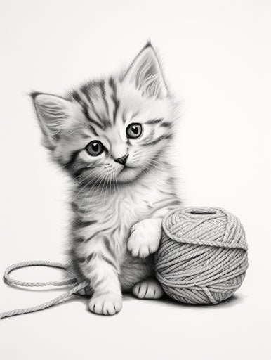 Cartoon kitten by yarn, meticulous inking style