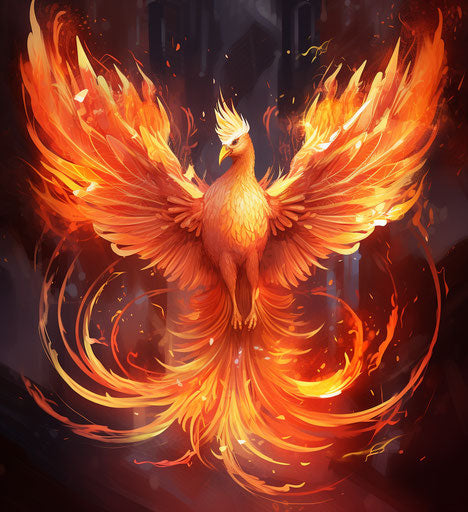 White phoenix bird with fiery red: energy-filled illustrations