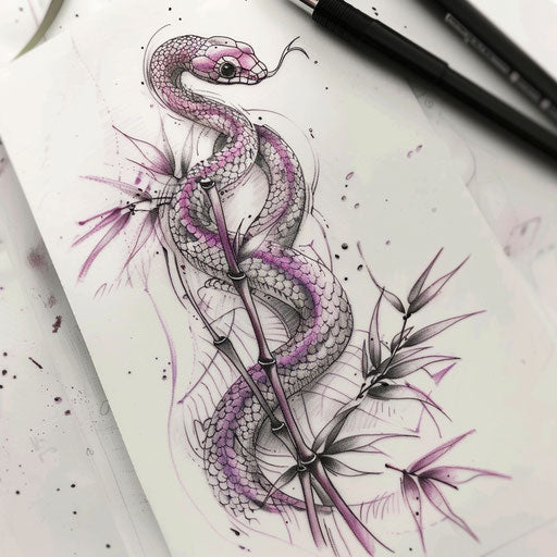 Zen-inspired cobra tattoo sketch with bamboo motifs and soft pastel shades